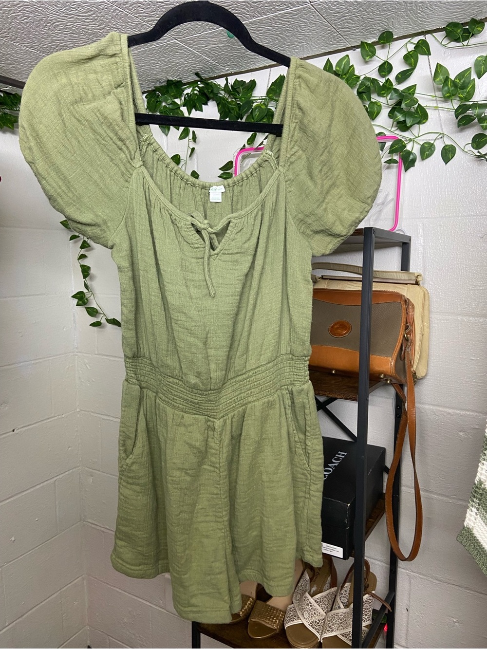aerie Olive Green Puff-Sleeve Smocked Mini Dress